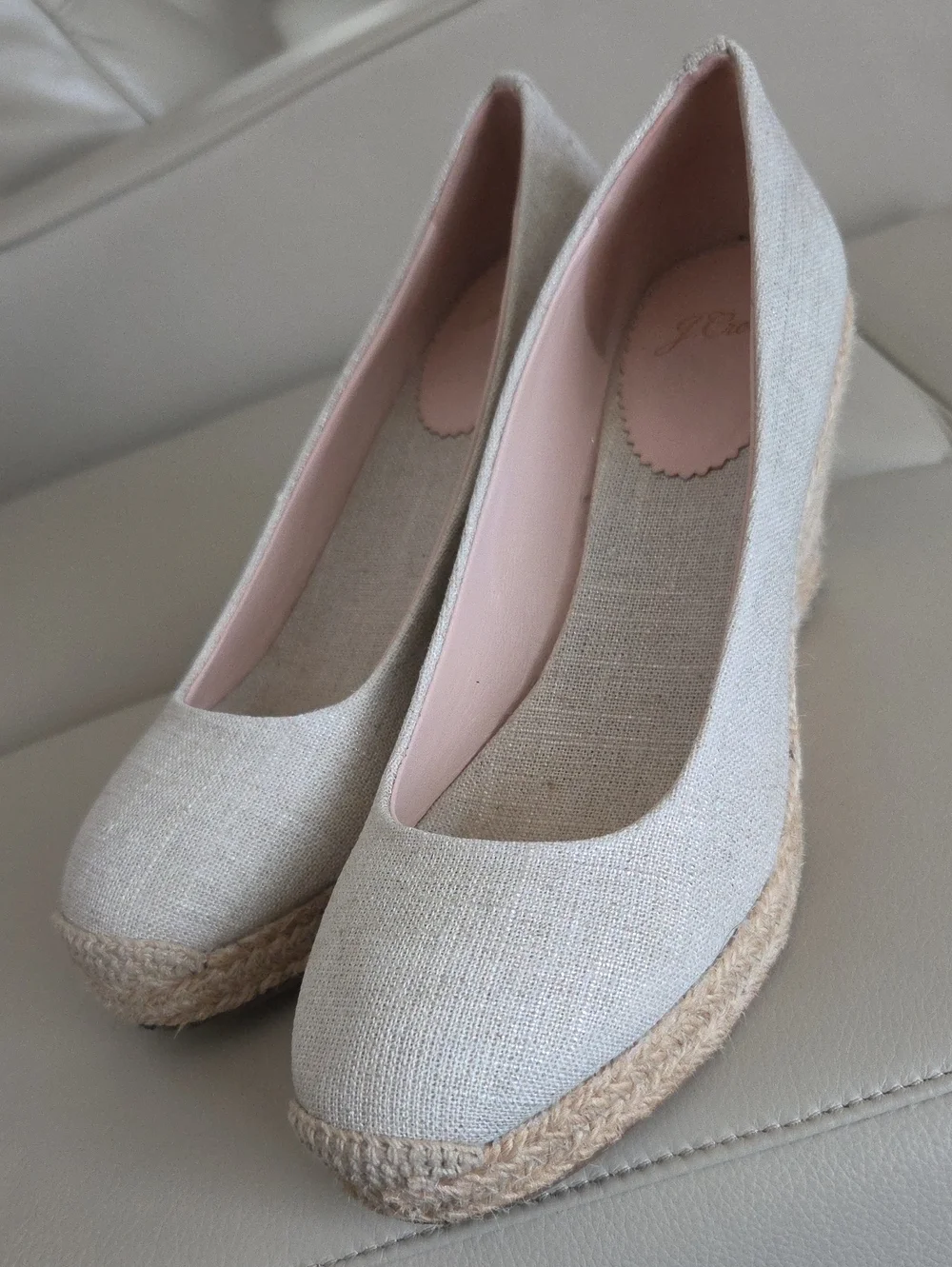 J. Crew Neutral Linen Espadrille Wedges with Pink Lining Size 9.5